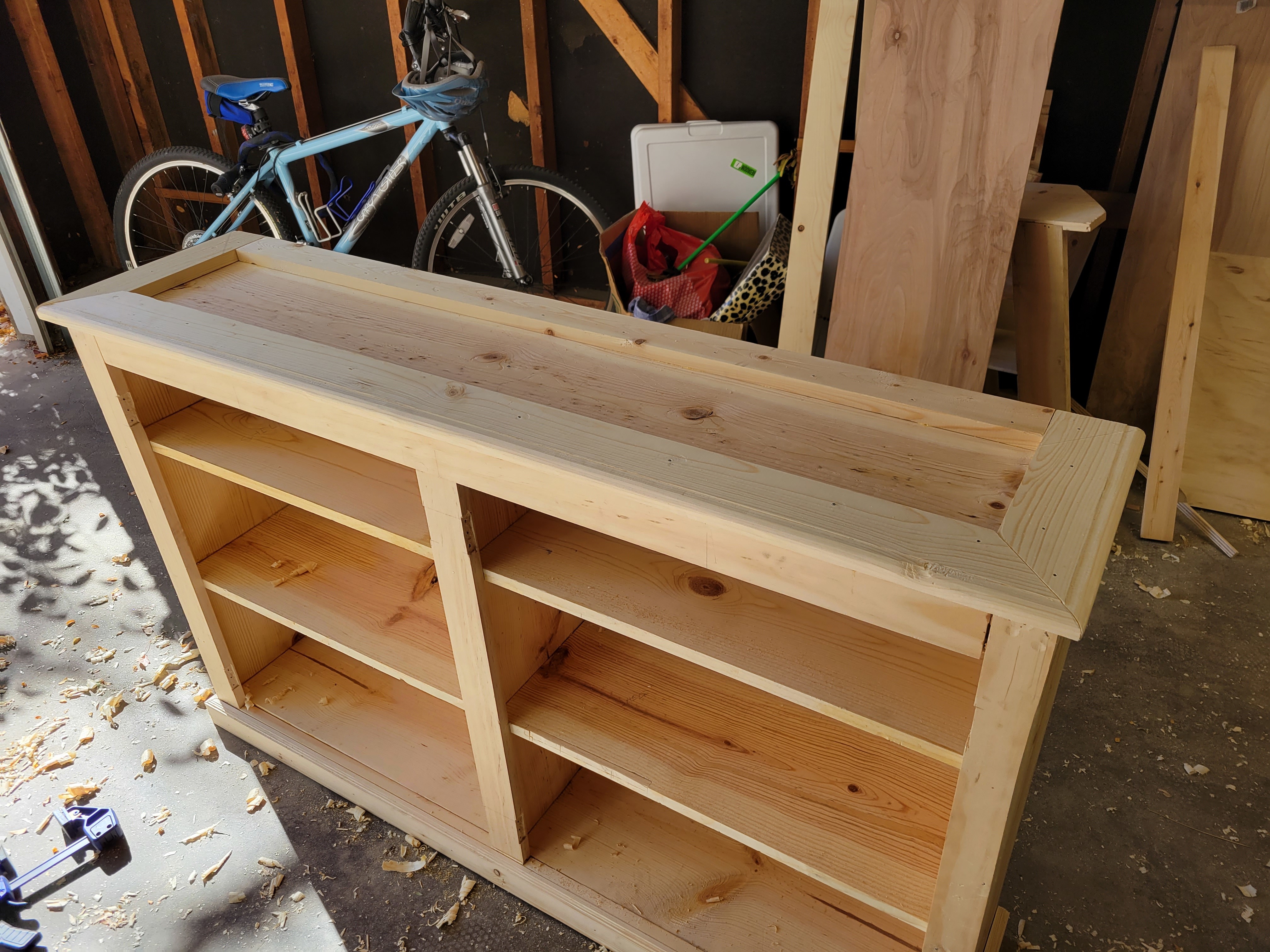 a top view of the cupboard showing off the molding that's been installed around the top edge